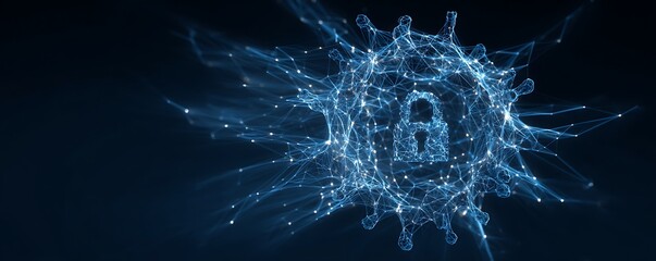 A digital representation of a virus with a padlock in the center on a dark blue background