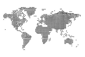 Dotted World Map Vector. Abstract Global Map with Black Round Dots. Modern Halftone Style. Minimalist International Geography. Isolated on White. Globalization, Travel, Network, Connection Concept