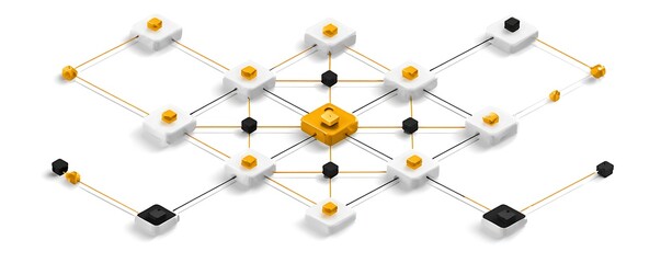 An illustration of a network with a central gold node secured by a padlock symbol on top of it