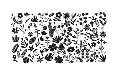 Trendy doodle floral elements. Boho flower and leaf vector collection. Colorful spring botanical clipart for stickers, prints, design