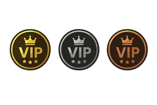 VIP Membership Badge Set. Luxury VIP Icons with Crown and Stars. Gold, Silver, Bronze Round Labels. Three VIP Levels. Exclusive Club Member Tag. Premium Access Vector Illustration.