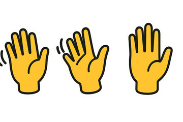 Waving Hand Gesture Icons Set. Cartoon Yellow Hands Waving, Greeting, Attention Symbol. Flat Vector Illustration Isolated on White. Communication, Emoji, Social Media, Transparent Background