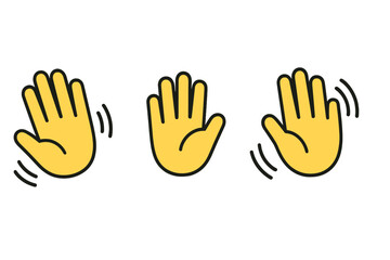 Obraz premium Waving Hand Emoji Icon Set, Greeting Gesture, Attention Symbol, Animated Yellow Hand, Friendly Salutation, Communication Concept, Vector Illustration, Transparent Background