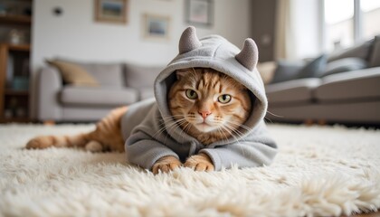 Adorable orange cat wearing gray hoodie with horns lying on carpet in cozy living room