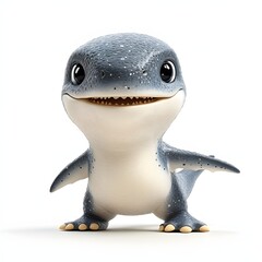 A charming cartoon lizard with a friendly smile and speckled gray skin stands on a white surface, radiating warmth and approachability. Baby dinosaur isolated on a white background.