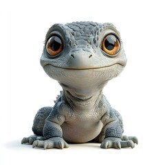 Adorable baby dinosaur with big, captivating eyes sits and stares directly at the viewer. Scale-like skin in gray and beige tones. Baby dinosaur isolated on a white background
