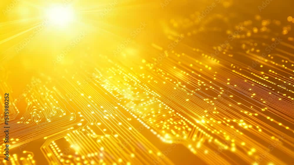 Poster golden circuit board with glowing lines and dots