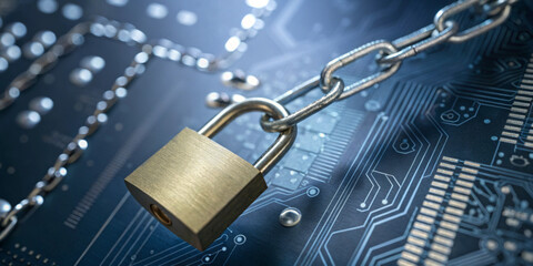 Abstract background in technology. Padlock that is chained and placed on the circuit board in the...