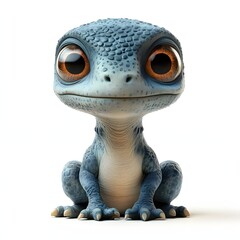 A charming blue lizard-like creature with big orange eyes sits upright. Its textured skin and innocent expression make it adorable. Baby dinosaur isolated on a white background.