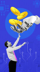 Neon gradient collage. 3D robot hand giving coins to joyful businessman reaching up. Concept of...