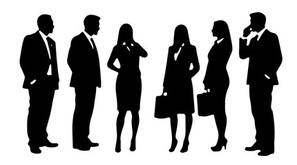 Silhouette Set of Business People in Various Office Poses with Empty Space Around Each for Clean Composition