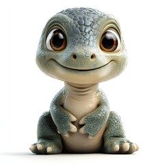 Charming cartoon lizard with big, brown eyes and a friendly smile. Its polygonal scales and cute pose make it an appealing character. Baby dinosaur isolated on a white background.