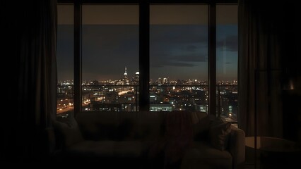Modern Apartment Interior with Night City View and Cozy Couch by Glass Wall 