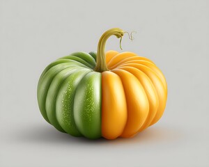 A half green and half orange pumpkin with a stem on a light gray background in a studio setting