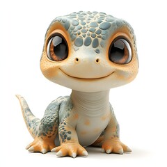 Adorable cartoon lizard with bright eyes and colorful scales, sitting and smiling. Perfect for children's illustrations. Baby dinosaur isolated on a white background.