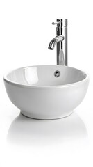 Ceramic bathroom sink with modern faucet, on white background