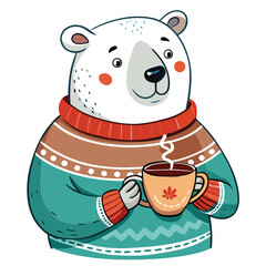 Cartoon polar bear in a teal sweater with a red scarf, holding a cup of hot beverage