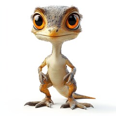 Cheerful cartoon gecko character with bright orange eyes and a friendly smile, standing upright. A delightful illustration perfect for children's content. Baby dinosaur isolated on a white background.
