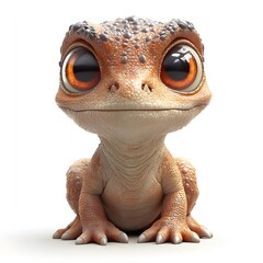 A cute, cartoon lizard with bright orange eyes and bumpy skin poses upright against a white background. Baby dinosaur isolated on a white background.