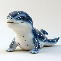 A charming seal-whale hybrid creature with spotted skin, looking upwards with a gentle expression. Isolated on a plain background. Baby dinosaur isolated on a white background.