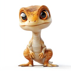 Adorable cartoon lizard with orange and beige scales, captivating brown eyes, squatting pose. Perfect for kids' designs and educational content. Baby dinosaur isolated on a white background