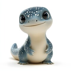 Adorable blue gecko with white spots, posing on a white background. Its gentle smile and large eyes invite connection. Charming illustration. Baby dinosaur isolated on a white background