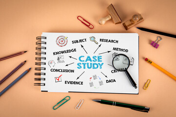 Case Study Analysis Concept with Research Keywords and Office Tools on Desk Background