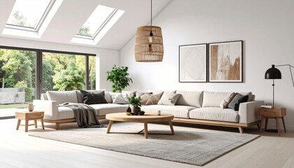 Bright Living Room Interior with Skylights, Beige Sofa, and Woven Pendant Lamp