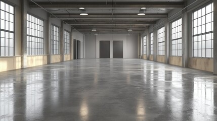 Empty industrial space with large windows.