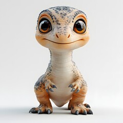 A charming cartoon dinosaur with a friendly smile, mottled skin, and soft features. Perfect for kids' projects, educational materials, or playful designs. Baby dinosaur isolated on a white background.