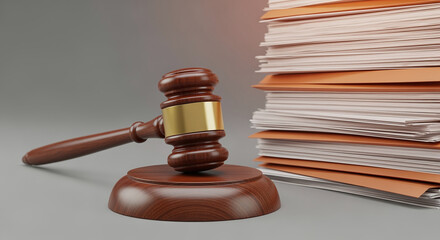Obraz premium Wooden gavel legal files stack. Symbol of justice, law, legal system, courtroom, court hearing, trial, verdict, penalty. Representing concepts of jurisprudence, decision making, legal proceedings