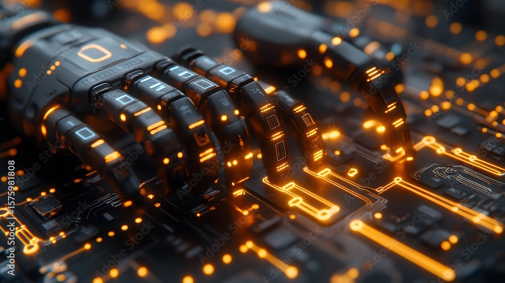 Poster close-up of a futuristic robot hand interacting with a circuit board.