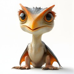 Whimsical dinosaur-bird hybrid with amber eyes, orange spikes, and detailed texture. Hyperrealistic style. Baby dinosaur isolated on a white background.