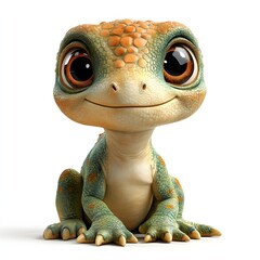 A charming, cartoon lizard with bright eyes and a friendly grin sits upright against a white backdrop. Its vibrant green and orange scales add playful character. 