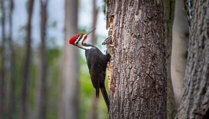 pileated woodpecker drilling into tree bark majestic bird in natural habitat