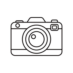 Simple vector black and white line art of a compact camera with lens and buttons. For travel, photography, summer, card, kids, print, coloring page and vacation design projects. Hand drawn. Isolated.