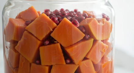Cubed Papaya and Pomegranate in a Glass Jar