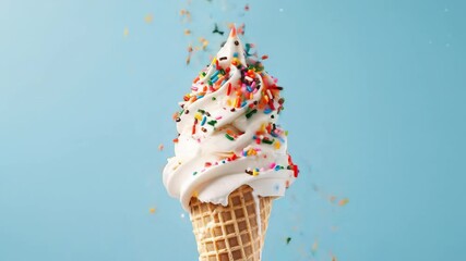 A soft serve ice cream cone covered with colorful sprinkles against a celebratory blue background footage.