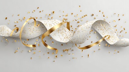 A festive arrangement of gold confetti and ribbons on a light gray surface creating a celebratory mood