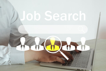 Job search,recruitment concept.,Person using a laptop with a job search bar and candidate icons...