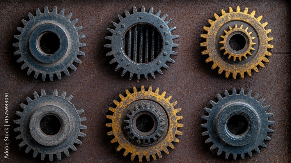 Poster interlocking gears on a rusty surface.