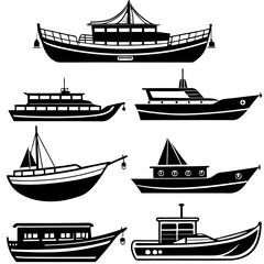 Collection of Six Black and White Boat Silhouettes: Diverse Vessel Types, Nautical Icons, Simple Graphic Style.