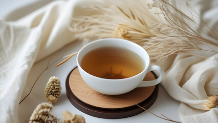 Inviting Cup of Tea Surrounded by Soft Fabrics and Dried Floral Accents