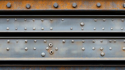Close-up view of metal beams with rivets.