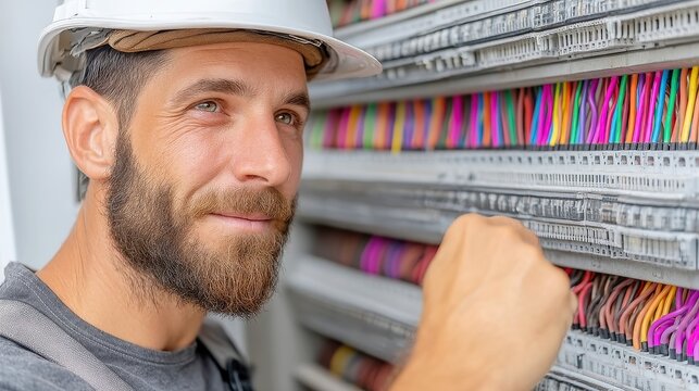 Electric Panel Repair, a skilled male technician focuses on intricate wiring, vibrant cables illuminate the workspace, showcasing expertise in electrical maintenance and safety practices