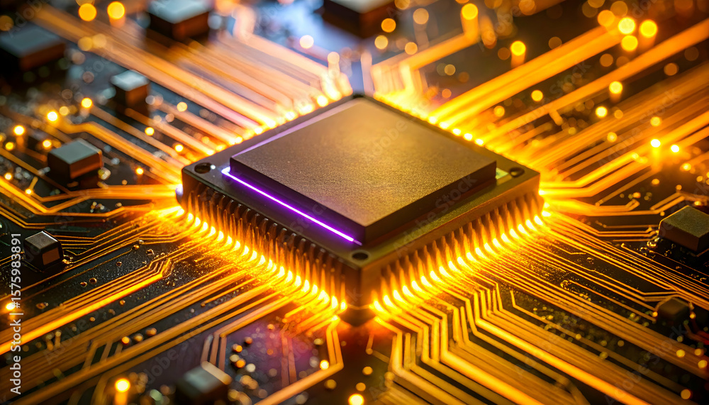 Aufkleber dynamic close-up of a powerful computer chip radiating light across intricate electronic pathways