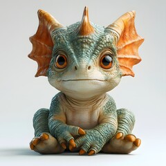 Adorable baby dragon with amber eyes and a gentle smile. This cute, cartoon-like creature is perfect for children's designs and illustrations. Baby dinosaur isolated on a white background