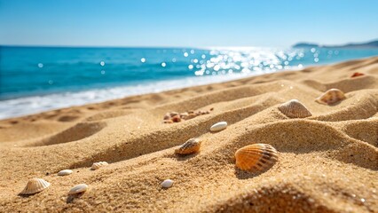 Close up of beach sand against the background of the sea on a sunny bright summer day 