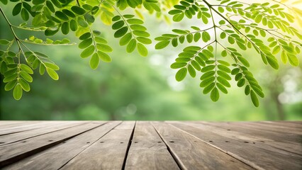 Empty wooden table with defocused sunny background