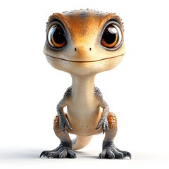 Charming cartoon lizard with reflective eyes and a friendly smile. Orange, brown, and beige scales on a white surface. Cute and appealing design. Baby dinosaur isolated on a white background.